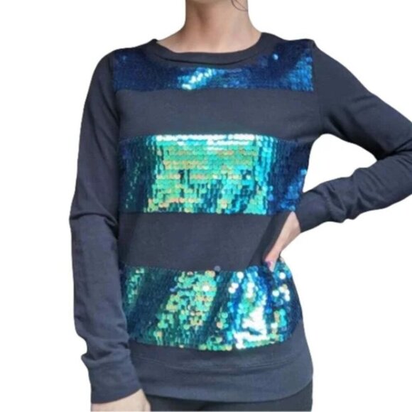 H&M Blue Irredescent Sequin Stripe Long Sleeves Top Sweatshirt Size Large - Picture 2 of 9